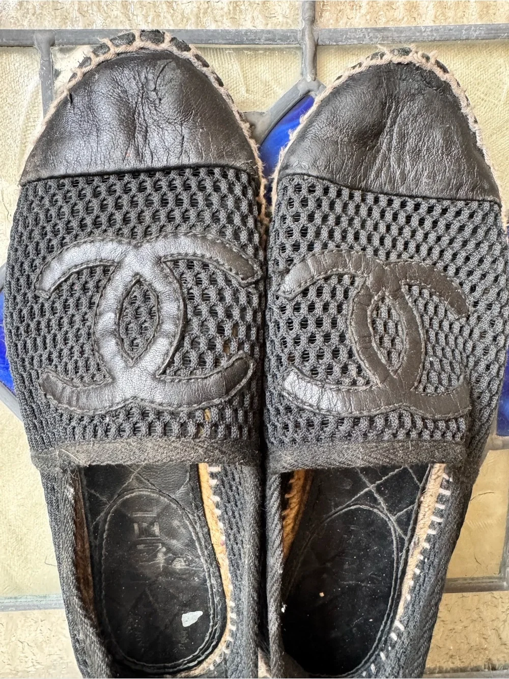 CHANEL Black Mesh & Leather Espadrille Flats